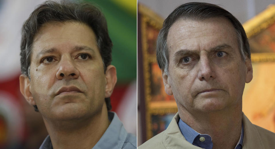 FILE - This file photo combo shows Brazilian presidential candidate of the Workers' Party Fernando Haddad, left, in Sao Paulo on Oct. 16, 2018, and his opponent and frontrunner Jair Bolsonaro in Rio de Janeiro on Oct. 17, 2018. Brazil votes on Sunday, Oct. 28, to elect its next president. (AP Photo/Andre Penner, Silvia Izquierdo)