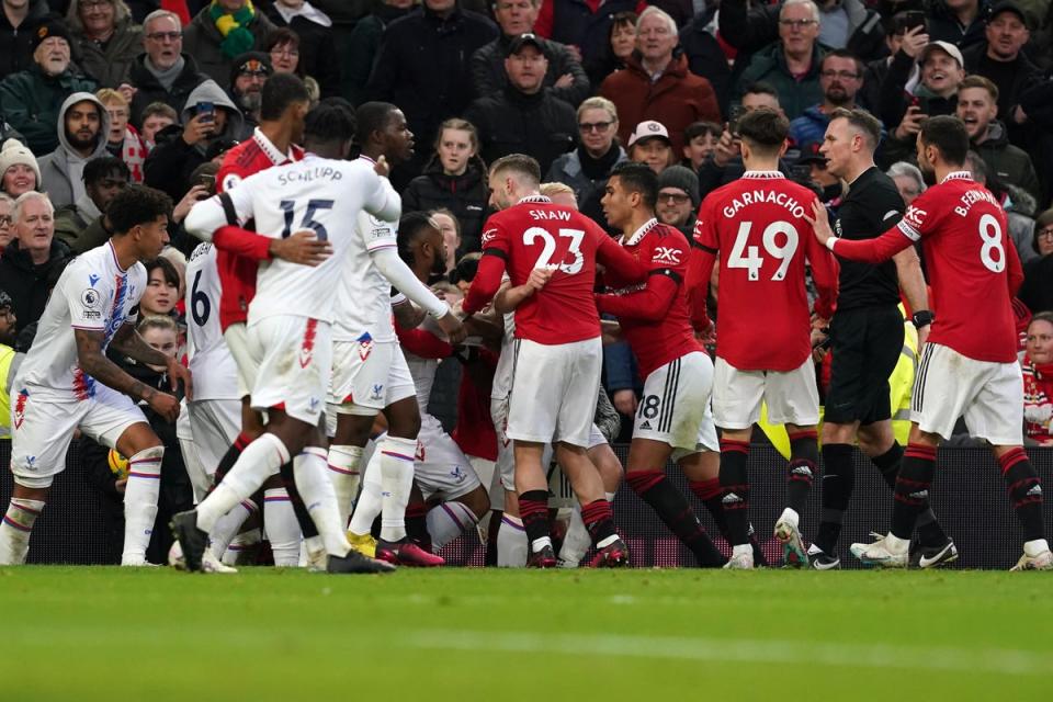 Tempers flared in the second half at Old Trafford (Martin Rickett/PA). (PA Wire)