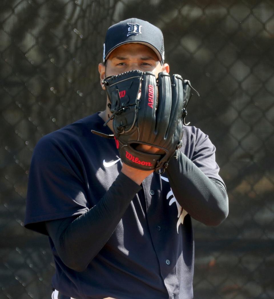 Tigers pitcher Eduardo Rodriguez warms up before batting practice during spring training on Tuesday, Feb. 21, 2023, in Lakeland, Florida.
