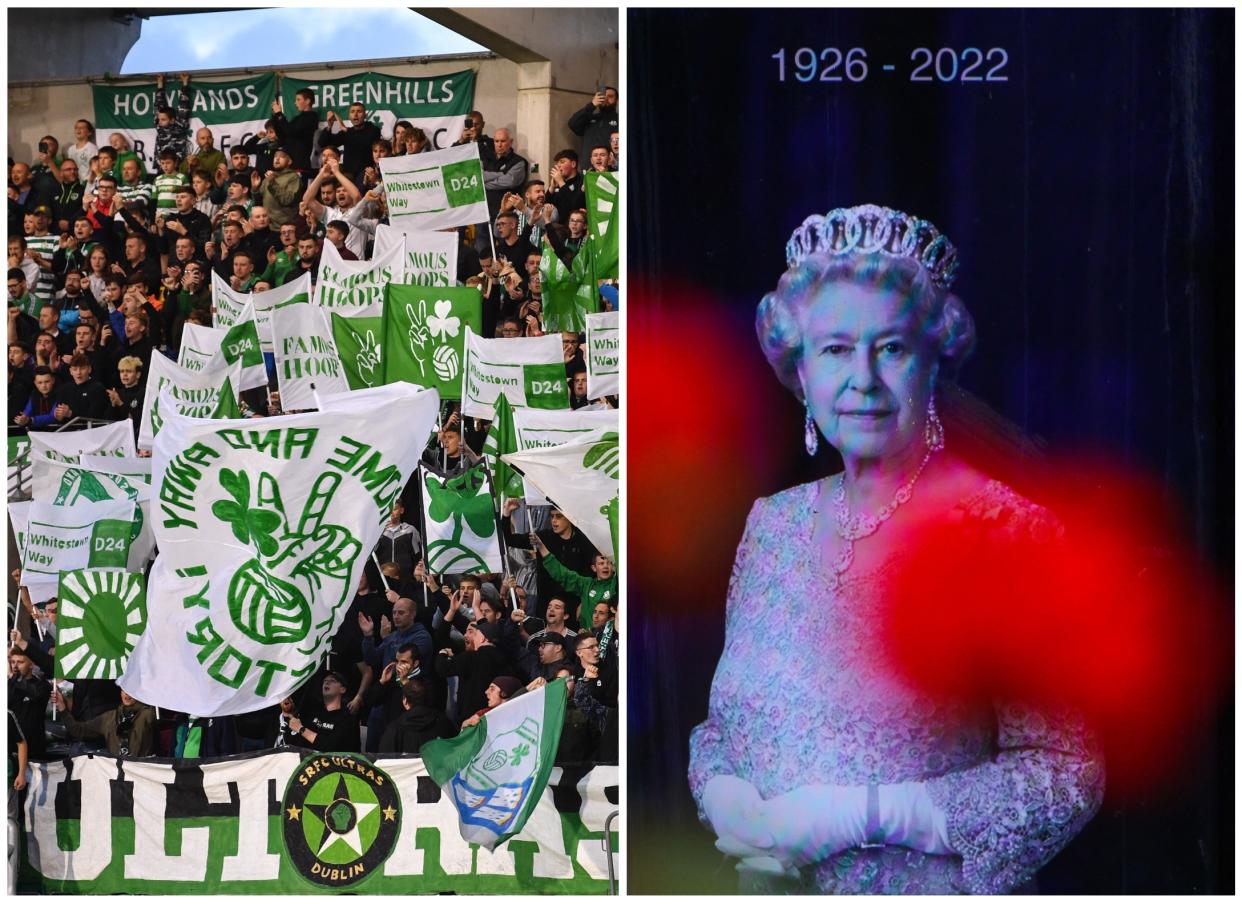 Aficionados del Shamrock Rovers irlandés antes de su partido de Conference League de este 8 de septiembre y una imagen de la reina Isabel II de Inglaterra. (Foto: Eóin Noonan / Sportsfile / Getty Images / Geoff Caddick / AFP / Getty Images).