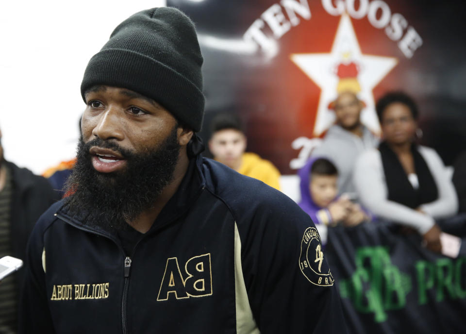 Former four-division world champion Adrien Broner takes questions from the media at the Ten Goossen boxing gym in Van Nuys, Calif., Wednesday, Jan. 9, 2019. Broner will challenge Manny Pacquiao, WBA Welterweight World Champion for his World Boxing Association welterweight title next Jan. 19, 2019, in Las Vegas. (AP Photo/Damian Dovarganes)