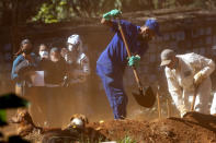 Relatives mourn as they watch cemetery workers shovel dirt over the coffin of 73-year-old Iziquiel Sampaio de Souza, who died of COVID-19, at the Vila Formosa cemetery in Sao Paulo, Brazil, Thursday, May 28, 2020. (AP Photo/Andre Penner)