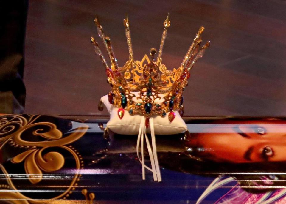 A crown adorns Miya Marcano’s casket during her funeral service on Thursday, Oct. 14, 2021, at Cooper City Church of God in Cooper City. Marcano, a 19-year-old college sophomore from Pembroke Pines, was found murdered in a wooded area near her apartment complex in Orlando on Oct. 2.