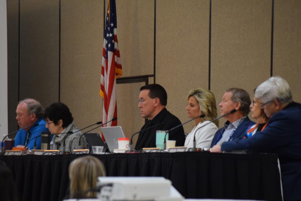 The Board of Education Standards listens to testimony on the proposed social studies standards during a meeting in Pierre on April 17, 2023.