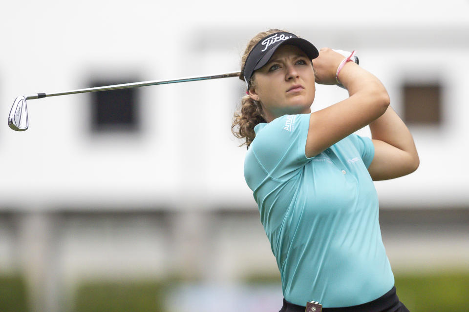 Sara Kouskova of Czech Republic tees off on day two of the Aramco Team Series at Hong Kong Golf Club on October 7, 2023 in Hong Kong, China. (Photo by Yu Chun Christopher Wong/Eurasia Sport Images/Getty Images)