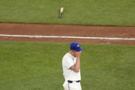 Toronto Blue Jays pitcher Chris Bassitt (40) reacts after giving up three runs to the Kansas City Royals during the sixth inning of a baseball game in Toronto, Wednesday, May 1, 2024. (Chris Young/The Canadian Press via AP)