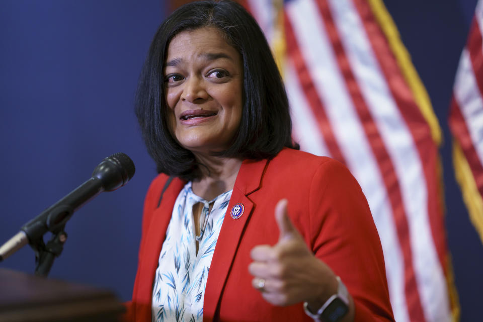 Rep. Pramila Jayapal, D-Wash., chair of the Congressional Progressive Caucus, pauses for reporters after a meeting of the House Democratic Caucus and Biden administration officials to discuss progress on an infrastructure bill, at the Capitol in Washington, Tuesday, June 15, 2021. (AP Photo/J. Scott Applewhite)