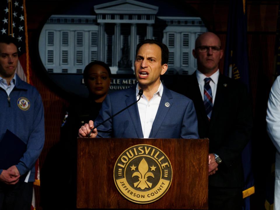 Louisville Mayor Craig Greenberg speaks at a press conference on April 11, 2023.