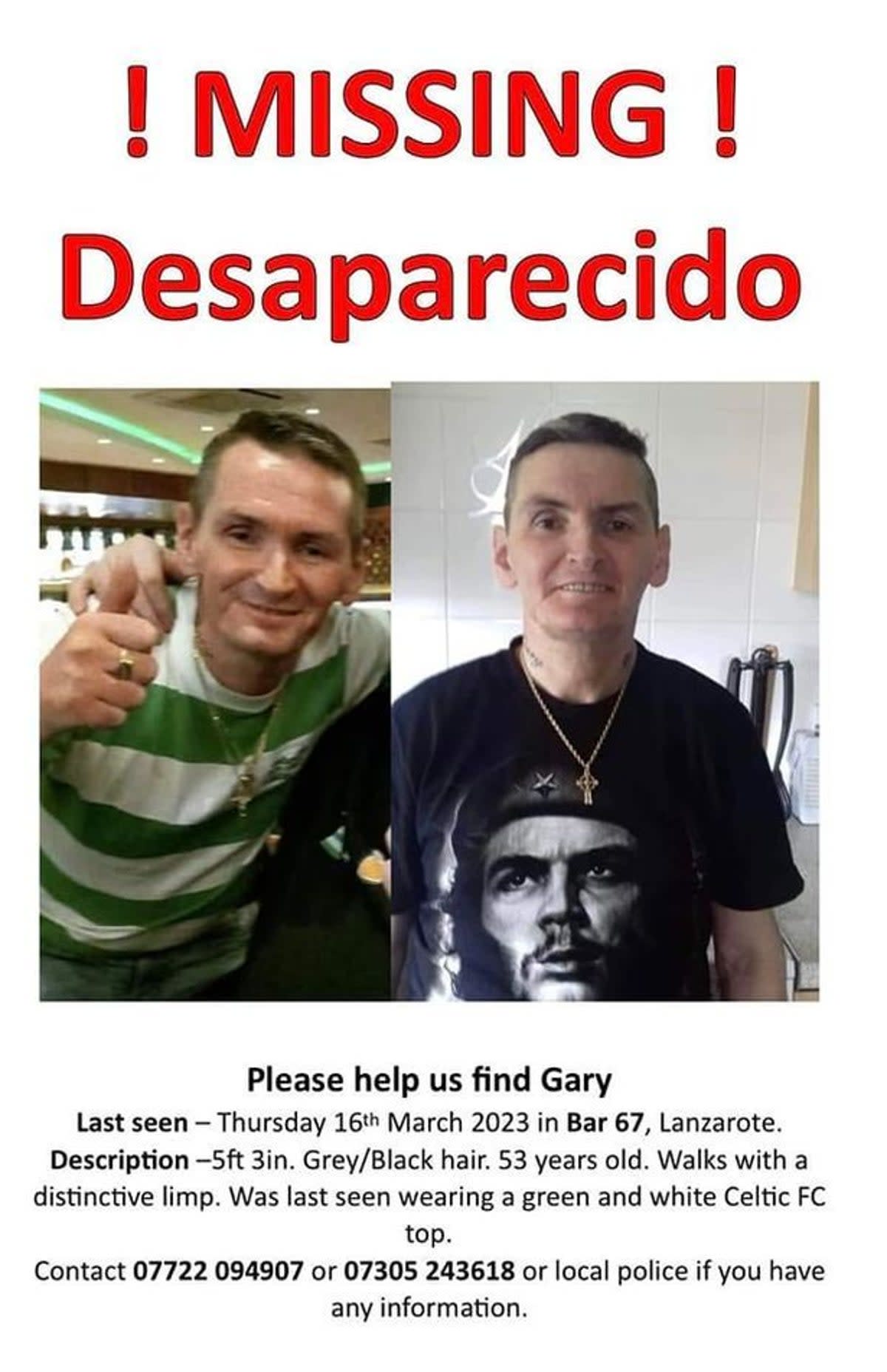 Gary was last seen on 16 March in the resort town of Puerto del Carmen, Lanzarote (Facebook)