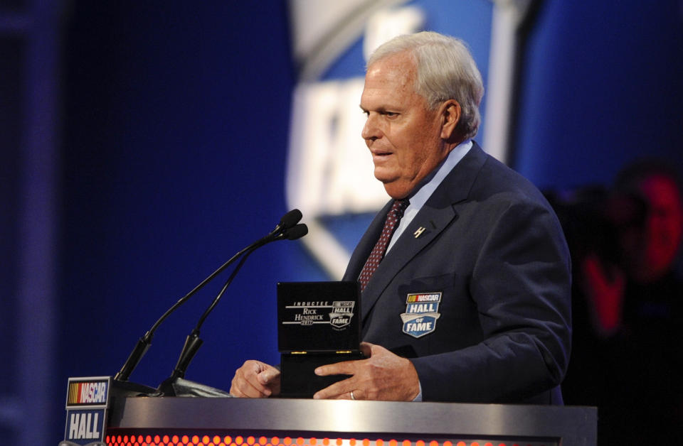 NASCAR Hall of Fame inductee Rick Hendrick talks about his career as a team owner, during the NASCAR Hall of Fame induction ceremony in Charlotte, N.C., Friday, Jan. 20, 2017. (AP Photo/Mike McCarn)