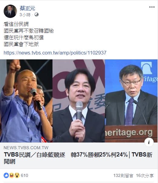 高雄市長韓國瑜在媒體最新出爐的民調中仍領先，國民黨前立委蔡正元痛批，國民黨再不徵召韓國瑜會下地獄。   圖：翻攝蔡正元臉書