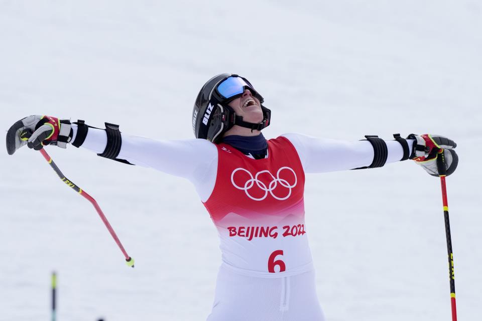 Sara Hector of Sweden celebrates winning the gold medal in women's giant slalom at the 2022 Winter Olympics, Monday, Feb. 7, 2022, in the Yanqing district of Beijing.(AP Photo/Mark Schiefelbein)