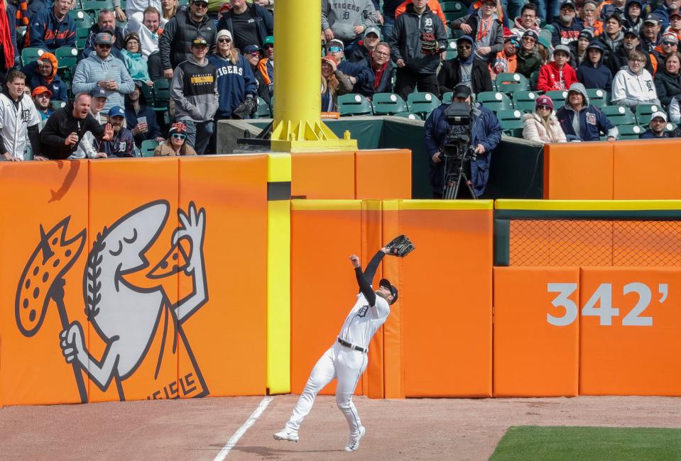 Tigers left fielder Austin Meadows catches a fly out from Red Sox shortstop Enrique Hernandez during the ninth inning of the Tigers' 6-3 loss on Thursday, April 6, 2023, at Comerica Park.