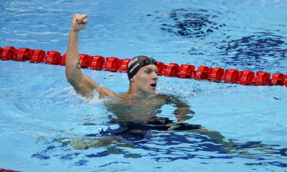 Caeleb Dressel celebrates after winning the gold medal in the men’s 50m freestyle.