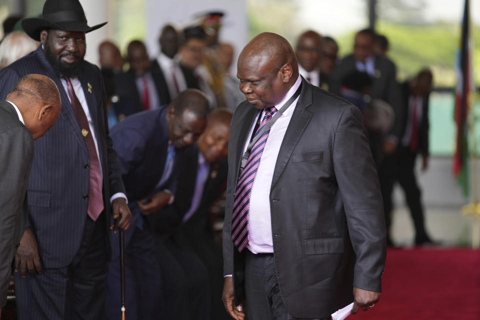 Pagan Amum Okiech, leader of the Real SPLM, walks after addressing the launch of high-level peace talks for South Sudan at State House in Nairobi, Kenya, on Thursday, May 9, 2024. High-level mediation talks on South Sudan were launched in Kenya with African presidents in attendance calling for an end to a conflict that has crippled the country's economy for years. (AP Photo/Brian Inganga)