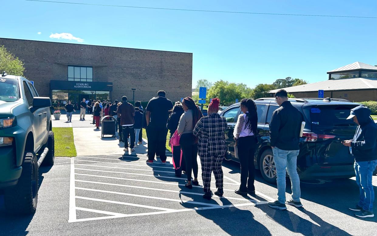 Thousands of candidates lined up Thursday April 4, 2024 outside of Savannah Technical College's Eckberg Auditorium well ahead of the 10 a.m. start for Worksource Georgia's job fair that featured Hyundai Motor Group Metaplant America and 15 of its suppliers.