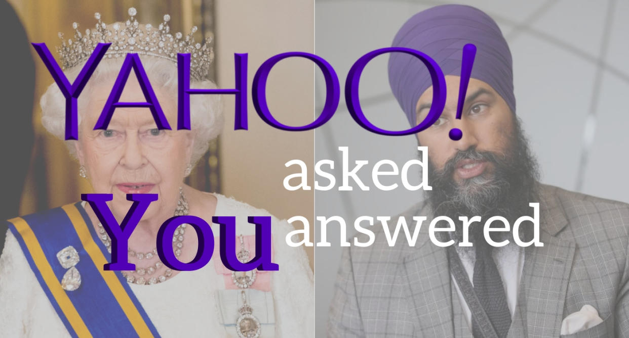 Queen Elizabeth and NDP Leader Jagmeet Singh appear in these edited images after Singh said he does not see the significance of the monarchy in modern Canadian society. Photos from Getty Images.