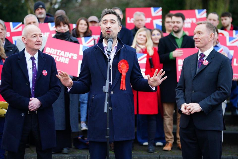 Newly elected Labour MP Damien Egan with Pat McFadden and Chris Bryant surrounded by Labour party supporters after being declared winner in the Kingswood by-election (PA)