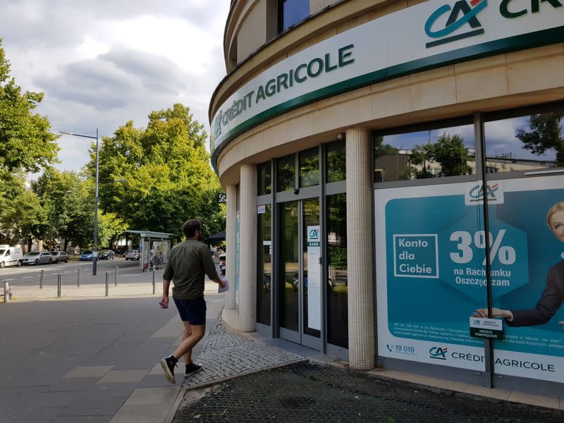 The branch of Credit Agricole bank is seen in Warsaw