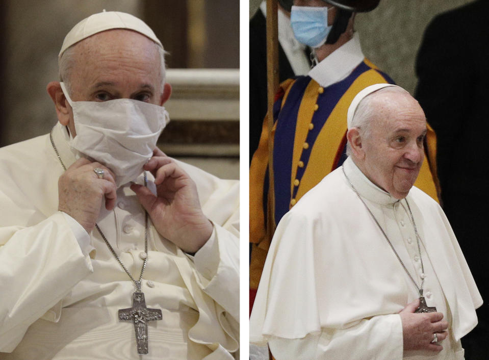 In this combo picture, Pope Francis adjusts his face mask as he attends an inter-religious ceremony for peace in Rome Tuesday, and arrives for his general audience at the Vatican without mask Wednesday, Oct. 21, 2020. A day after donning a facemask for the first time during a liturgical service, Pope Francis was back to his mask-less old ways during his general audience at the Vatican despite surging coronavirus infections across Europe. (AP Photo/Gregorio Borgia)