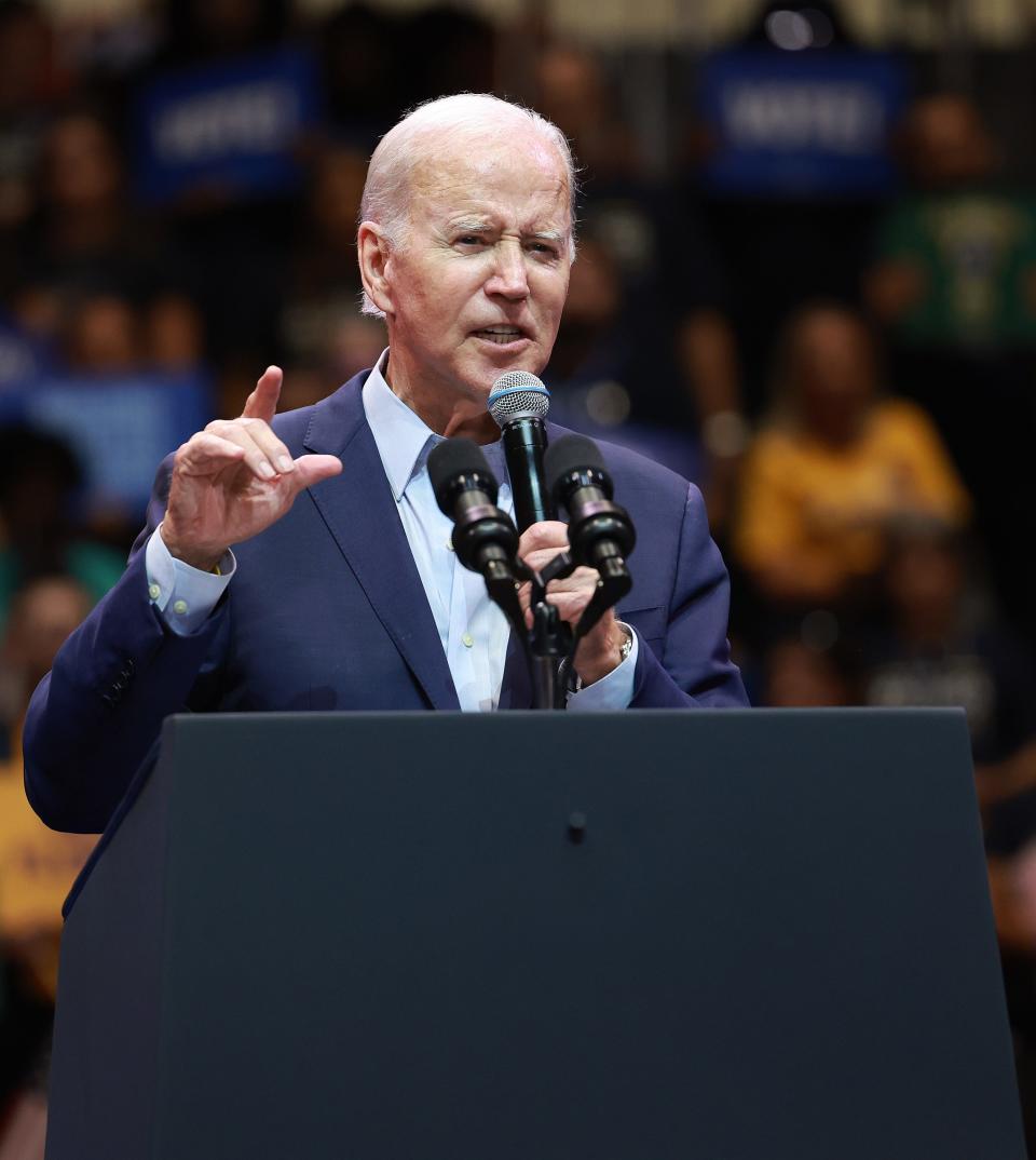 President Joe Biden speaks at a campaign rally at Florida Memorial University on November 01, 2022 in Miami Gardens, Florida.