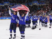 <p>The United States players celebrate after winning the women’s gold medal hockey game against Canada at the 2018 Winter Olympics in Gangneung, South Korea, Thursday, Feb. 22, 2018. (AP Photo/Frank Franklin II) </p>