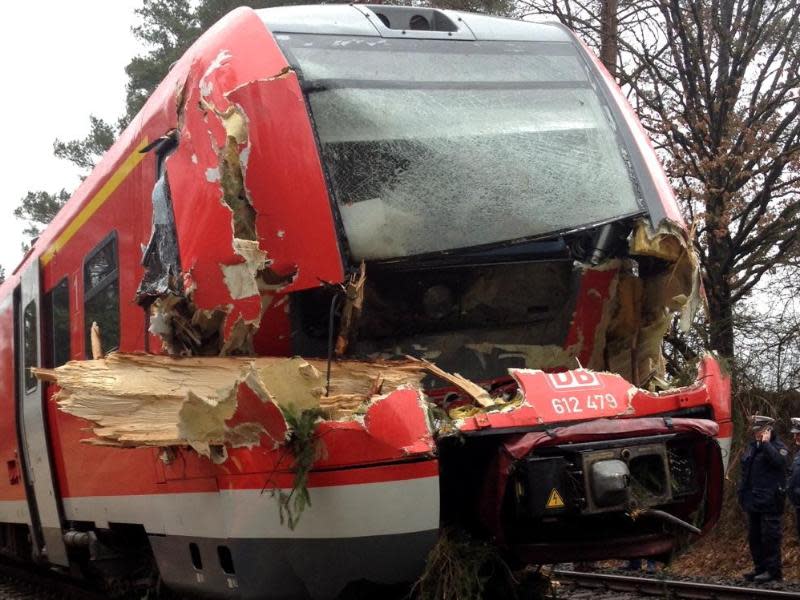 Zerstörten Triebwagen des Regionalexpresses Bayreuth-Nürnberg: Der Zug war in einen umgeworfenen Baum gefahren. Foto: Klaus Altmann-Dangelat/Nordbayerischer Kurier