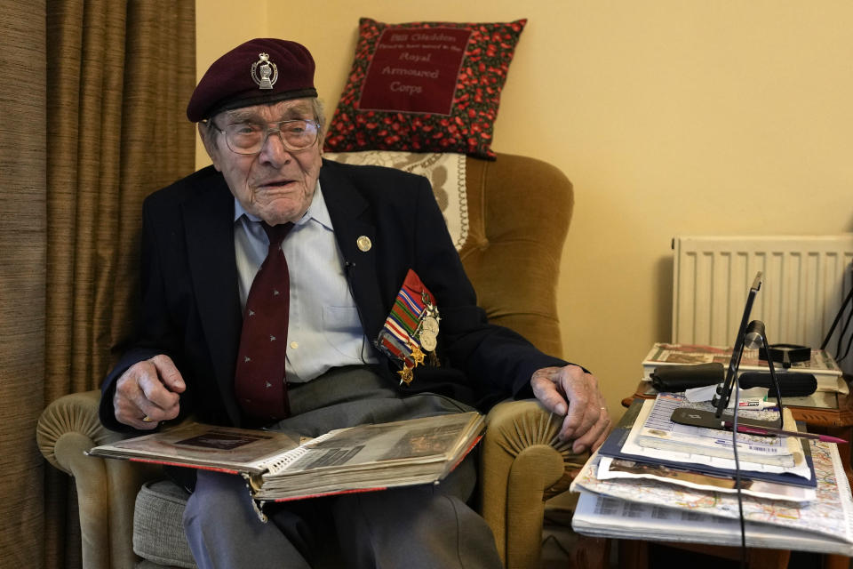 D-Day veteran Bill Gladden speaking at his home in Haverhill, England, Friday, Jan. 12, 2024. Gladden spoke to the AP on the eve of his 100th birthday, he is a veteran of the 6th Airborne Armoured Reconnaissance Regiment, part of the British 6th Airborne Division, he landed by glider on the afternoon of D-Day, 6th June 1944 in Normandy. (AP Photo/Alastair Grant)