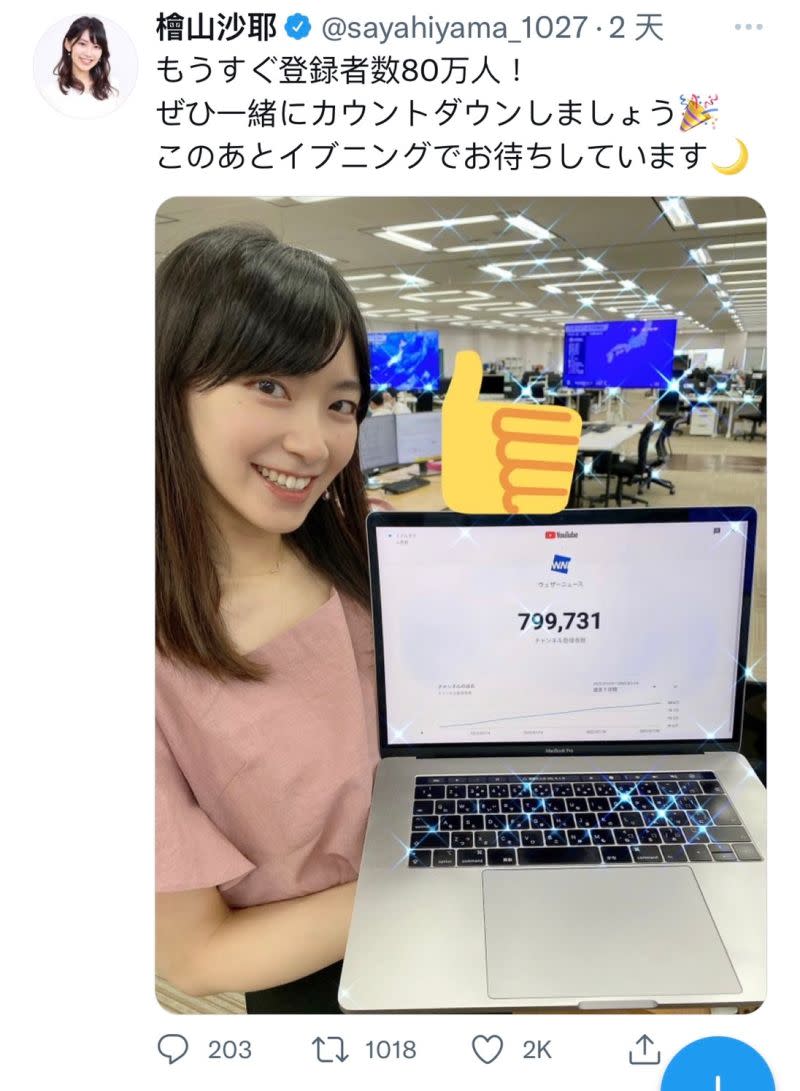 ▲檜山沙耶將原本的手勢覆蓋上讚的貼圖。（圖／擷取自檜木沙耶 Twitter）