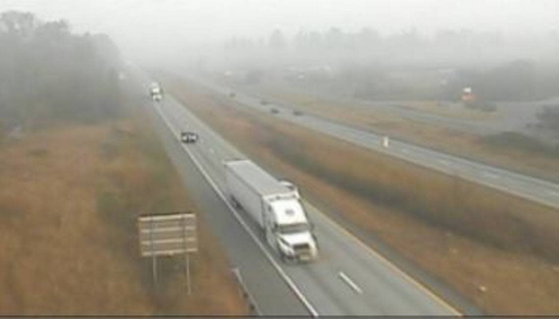 Smoke obscures visibility on the Washington State Department of Transportation camera at 8:55 a.m. Wednesday, Oct. 19, at Interstate 5 near Bellingham International Airport.