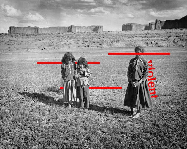Three Navajo children, dressed in traditional clothing, stand barefoot in the grass against the rugged landscape of an unspecified Navajo reservation, United States, circa 1935. (Photo: Illustration: HuffPost; Photos: FPG via Getty Images)