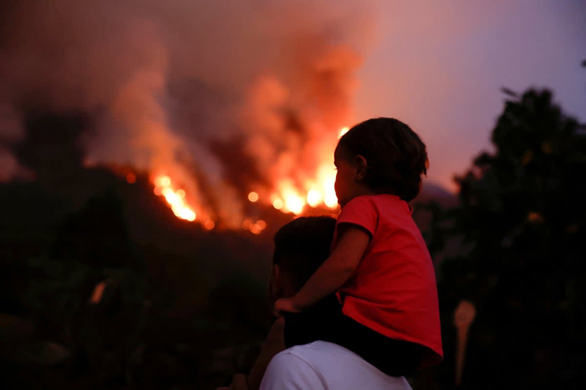 Residents of the town of Aguamansa watch the wildfires rage out of control on the island of Tenerife (REUTERS)