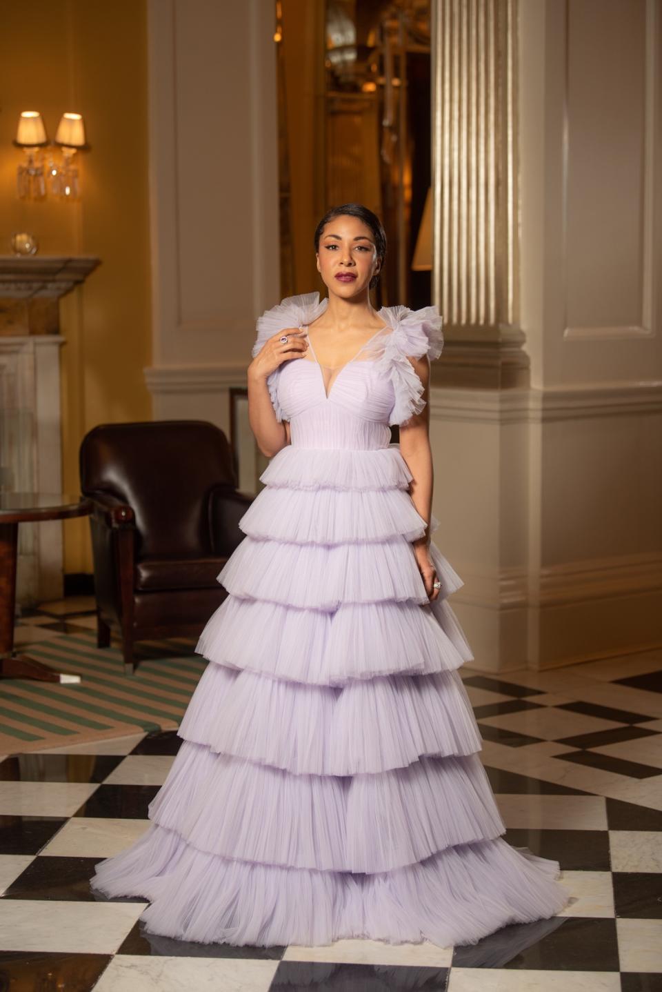 LONDON, UNITED KINGDOM - MARCH 31: Kathryn Drysdale is seen in her award show look for the 27th Annual Screen Actors Guild Awards on March 31, 2021 in London, England. Due to COVID-19 restrictions the 2021 SAG Awards will be a one-hour, pre-taped event airing April 4 on TNT and TBS. (Photo by Blake Ezra via Getty Images)