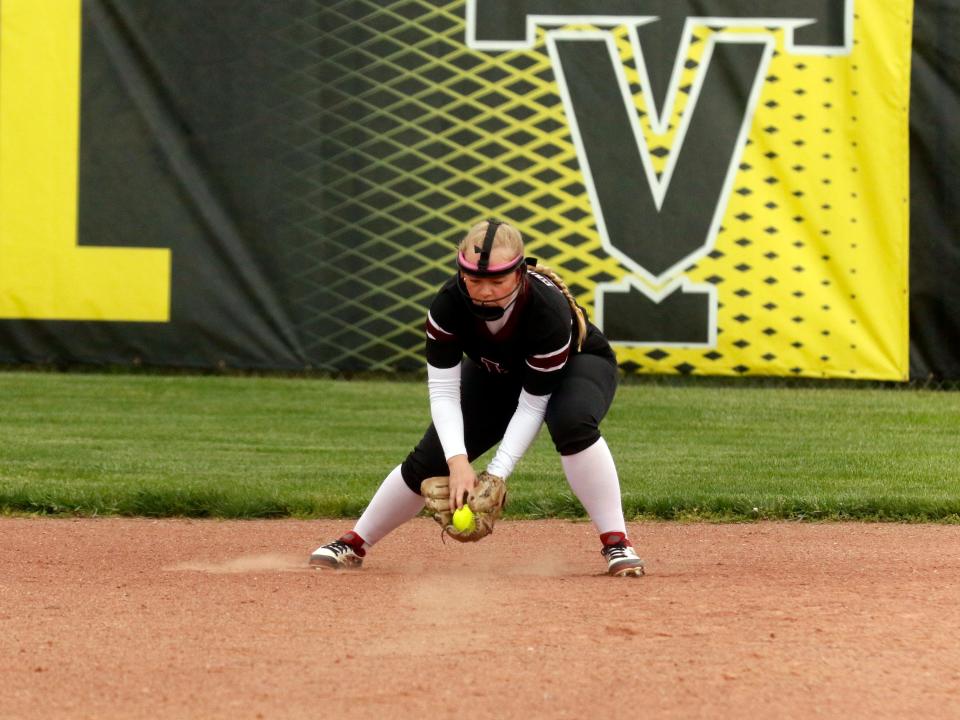Sarah Wayne fields a ball at second base during John Glenn's 9-3 win against host Tri-Valley on Wednesday in Dresden. The Muskies were given the No. 2 seed in Division II in the East District.