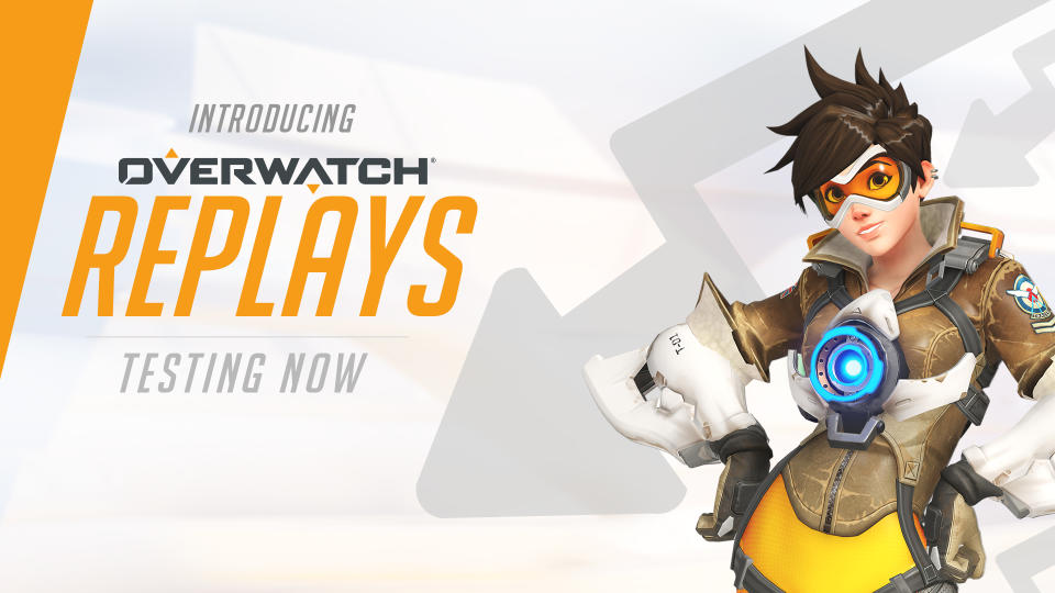 Overwatch character on the right with "Introducing Overwatch Replays Testing Now" written on the left.