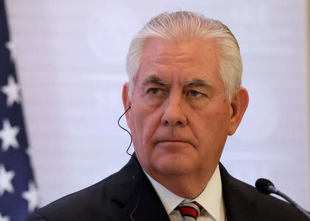 U.S. Secretary of State Rex Tillerson listens during a joint news conference with Canadian Foreign Minister Chrystia Freeland and Mexican Foreign Minister Luis Videgaray (not pictured) in Mexico City, Mexico February 2, 2018. REUTERS/Henry Romero