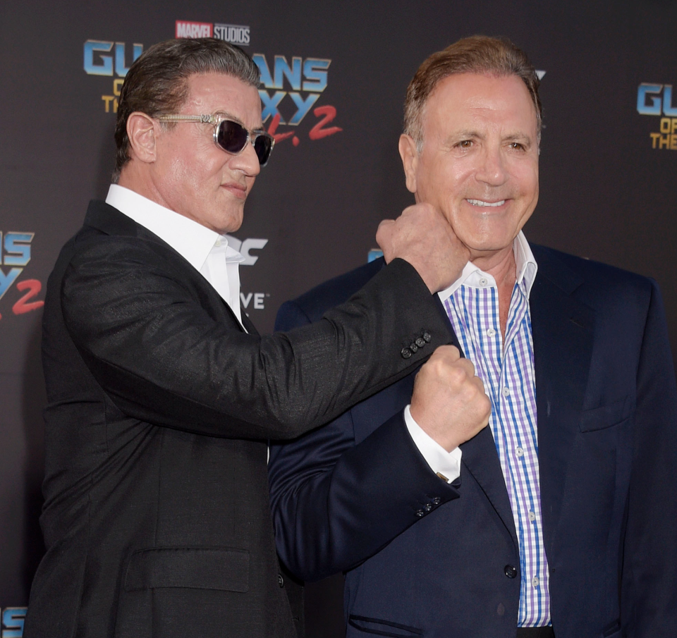 Sylvester and Frank Stallone arrive at "Guardians Of The Galaxy Vol. 2" in 2017.