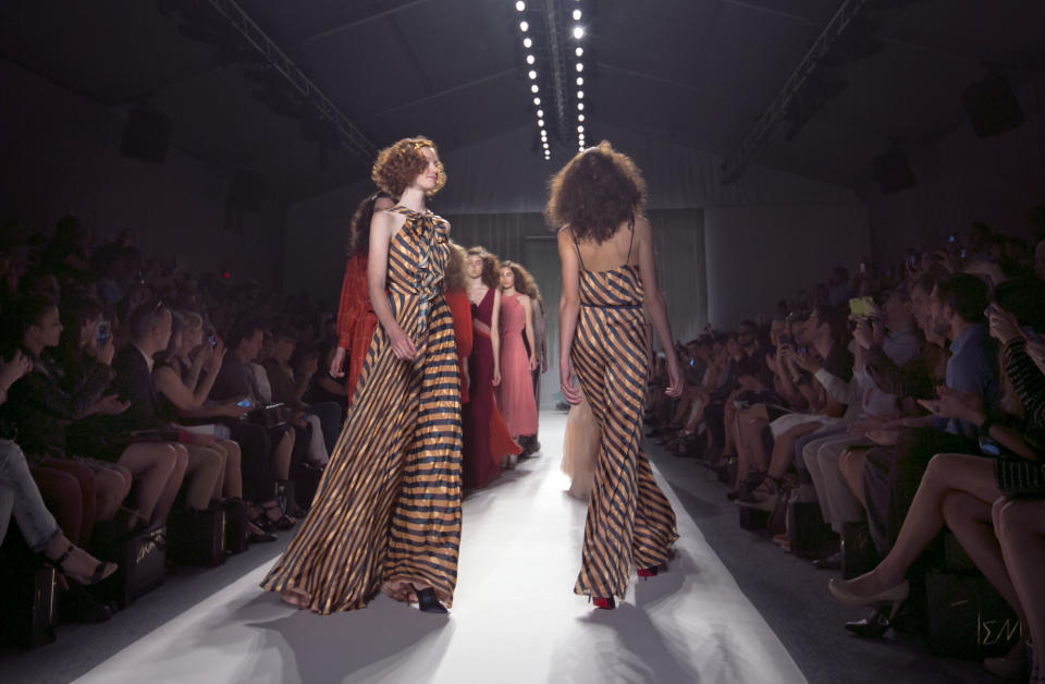 The Jenny Packham Spring 2014 collection is modeled during Fashion Week in New York, Tuesday, Sept. 10, 2013. (AP Photo/Richard Drew)