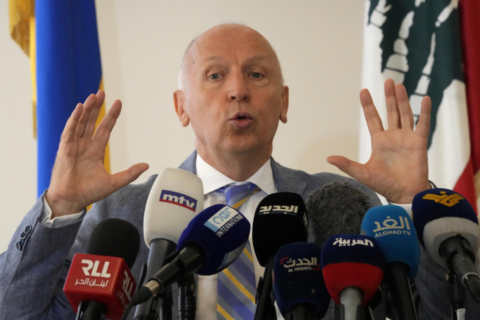 Ambassador of Ukraine to Lebanon Ihor Ostash, speaks during a press conference, in Beirut, Lebanon, Wednesday, Aug. 3, 2022. Ihor insisted a Syrian ship docked in Lebanon is carrying stolen Ukrainian grain, days before the cash-strapped country receives Ukraine's first grain shipment since Russia's invasion began over five months ago. The Syrian-flagged Laodicea has been docked in the Lebanese port of Tripoli since it arrived last Thursday, carrying 10,000 tons of wheat flour and barley. Ukraine says it was stolen by Russia. (AP Photo/Hussein Malla)