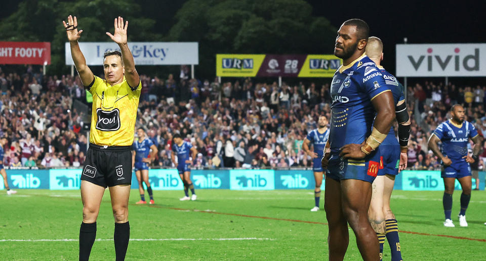 Maika Sivo's late sin bin proved very costly for the Eels against Manly in round eight of the NRL. Pic: Getty