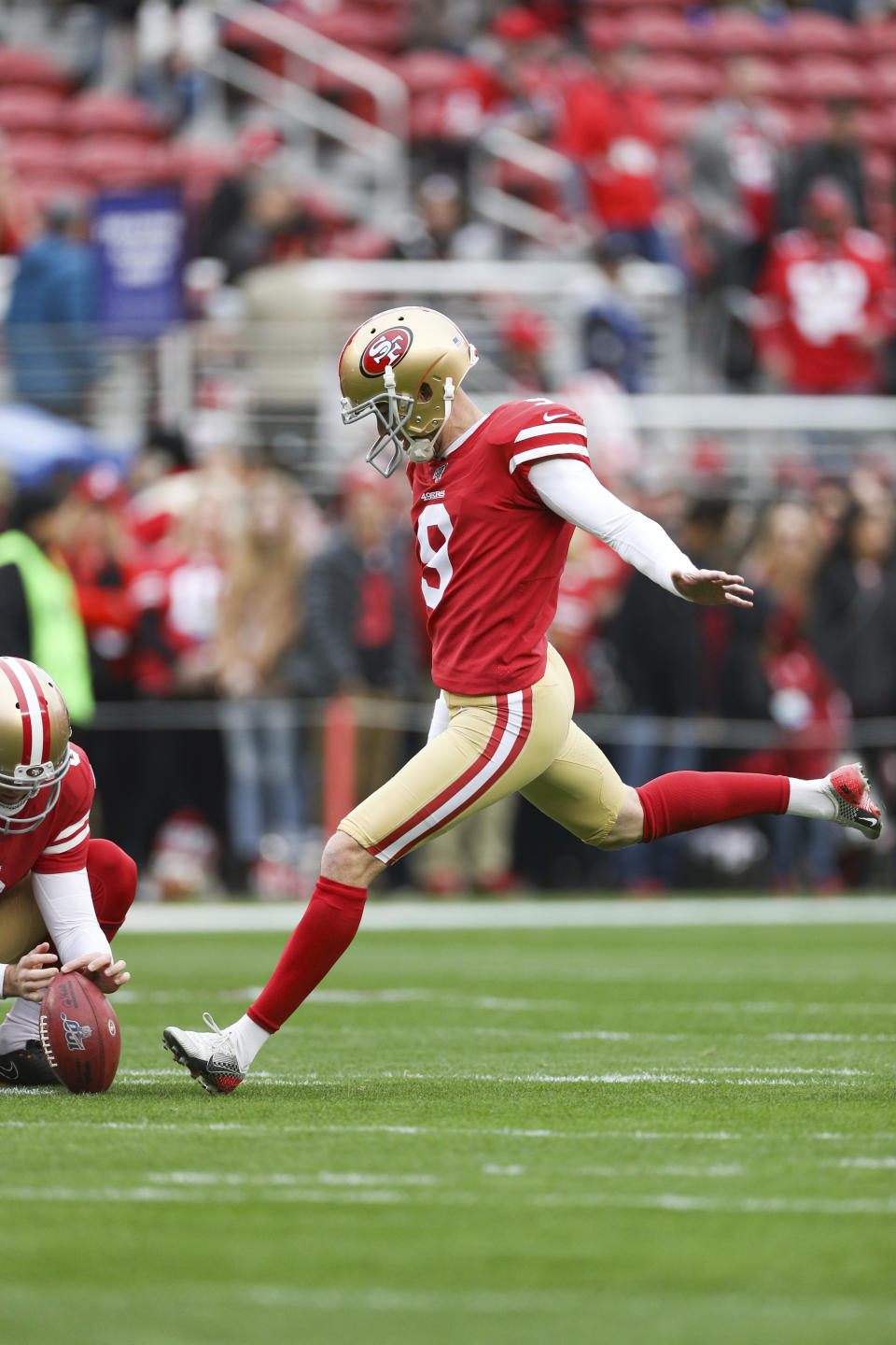 San Francisco 49ers kicker Robbie Gould (9) kicks a field goal during warm-ups in the NFL NFC Championship football game against the Green Bay Packers, Sunday, Jan. 19, 2020 in Santa Clara, Calif. The 49ers defeated the Packers 37-20. (Margaret Bowles via AP)