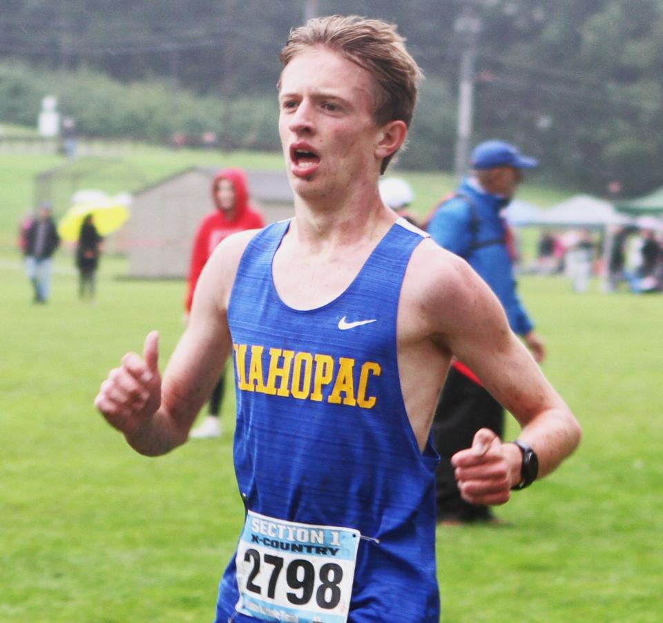 Brandon Kumrow of Mahopac finishes third in the boys race at the Dan Purdy Memorial Cross-Country Invitational Sept. 20, 2023 at Pawling High.