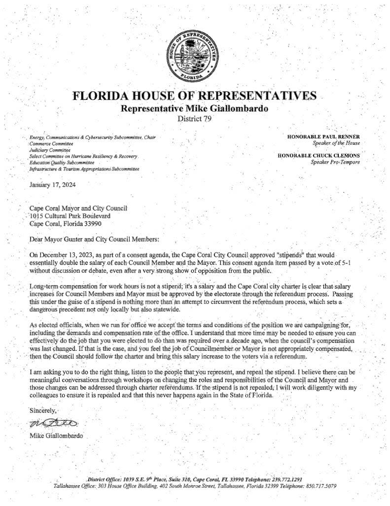 Rep. Mike Giallombardo (R-79) wrote a letter to Cape Coral City Council to ask them to rescind their stipends, dated Jan.17, 2024.