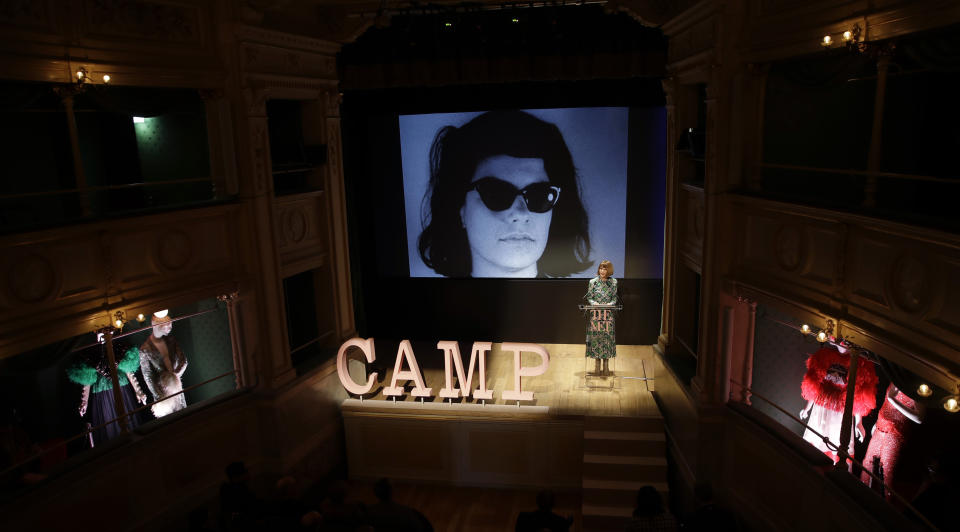 American Vogue editor-in-chief Anna Wintour, presents this year's Costume Institute exhibition titled ''Camp: Notes on Fashion,'' at the Teatro Gerolamo, in Milan, Italy, Friday, Feb. 22, 2019. The exhibition will be shown at the Metropolitan Museum of Art of New York, from May 9-Sept. 8, 2019. (AP Photo/Luca Bruno)