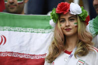 <p>An Iran fan attends the Russia 2018 World Cup Group B football match between Morocco and Iran at the Saint Petersburg Stadium in Saint Petersburg on June 15, 2018. (Photo by CHRISTOPHE SIMON / AFP) </p>