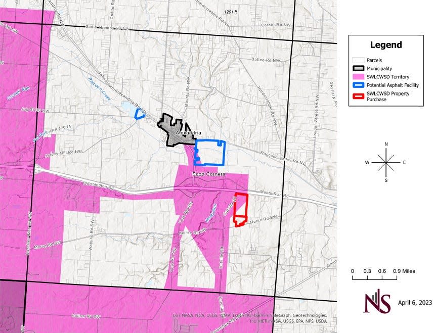 This map shows the service area for the Southwest Licking Community Water and Sewer District in pink and outlines the properties purchased by the district in red.