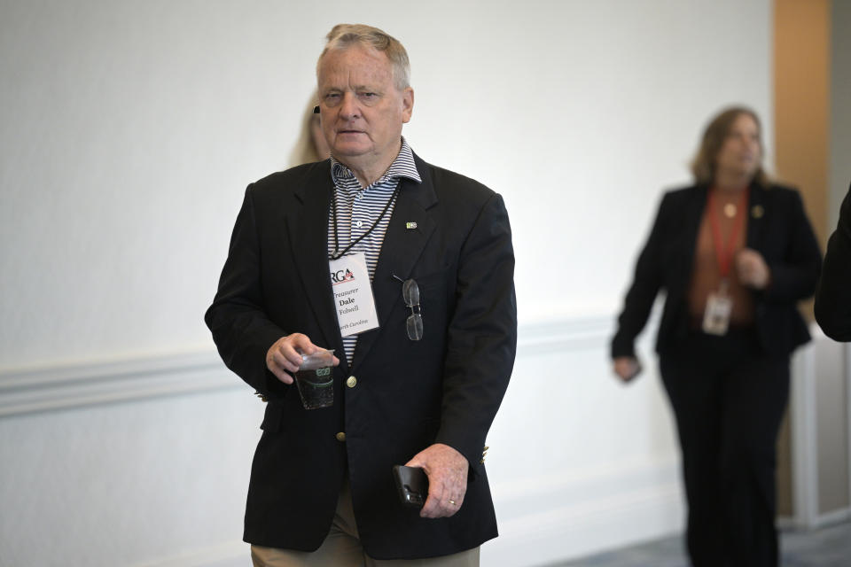 FILE - North Carolina State Treasurer Dale Folwell walks through the Republican Governors Association conference, Nov. 16, 2022, in Orlando, Fla. Folwell says he'll run for governor in 2024. Folwell announced his decision at Saturday, March 25, 2023 Republican Party convention for Forsyth County.(AP Photo/Phelan M. Ebenhack, File)