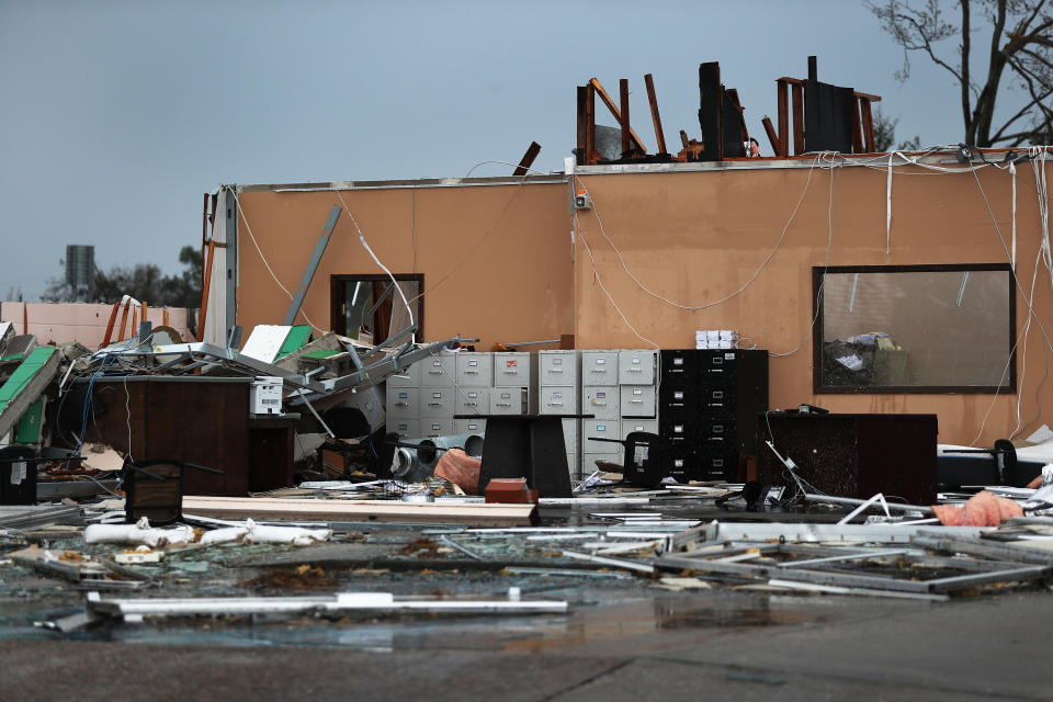 The inside of an office is seen after the building was destroyed as Hurricane Laura passed through the area on August 28, 2020 in Lake Charles, Louisiana . The hurricane hit with powerful winds causing extensive damage in the area.