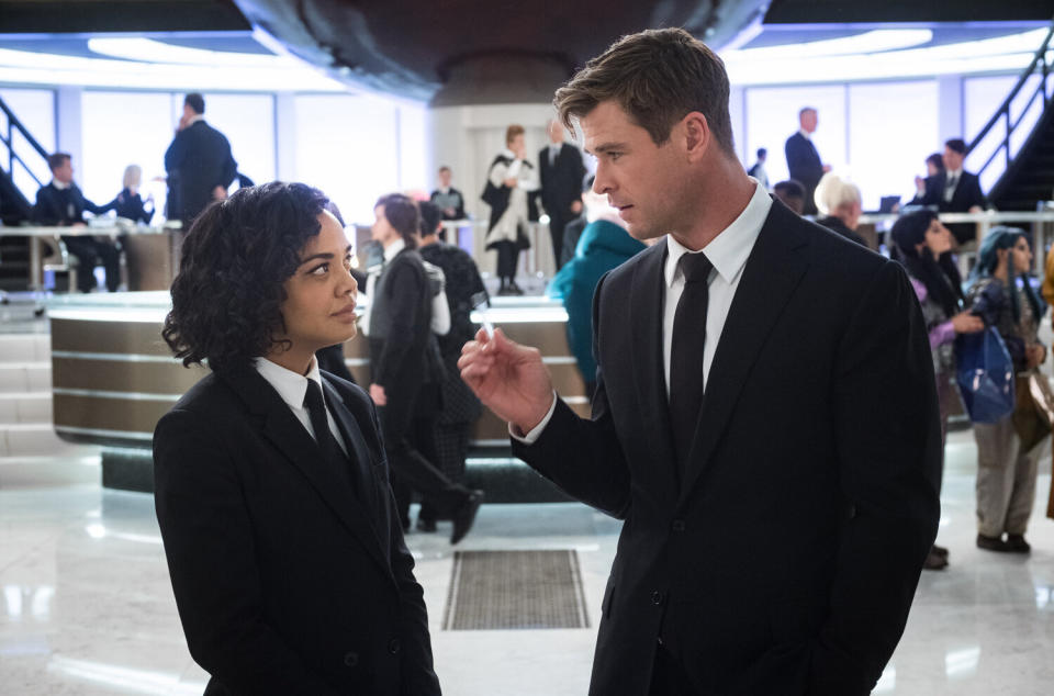 Tessa Thompson and Chris Hemsworth in comedy reboot 'Men in Black: International'. (Credit: Sony)