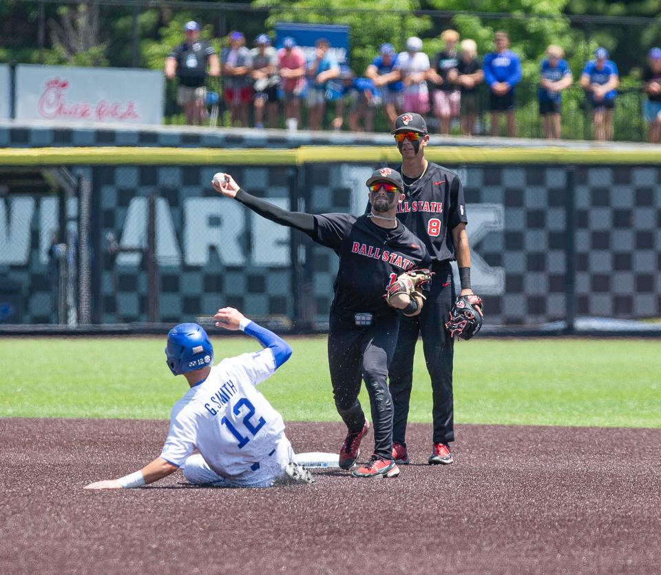 Ball State turned a double play in the third inning against Kentucky in the NCAA Tournament Lexington Regional at Kentucky Proud Park in Lexington, Ky. The Wildcats defeated the Cardinals 4-0. Friday, June 2, 2023